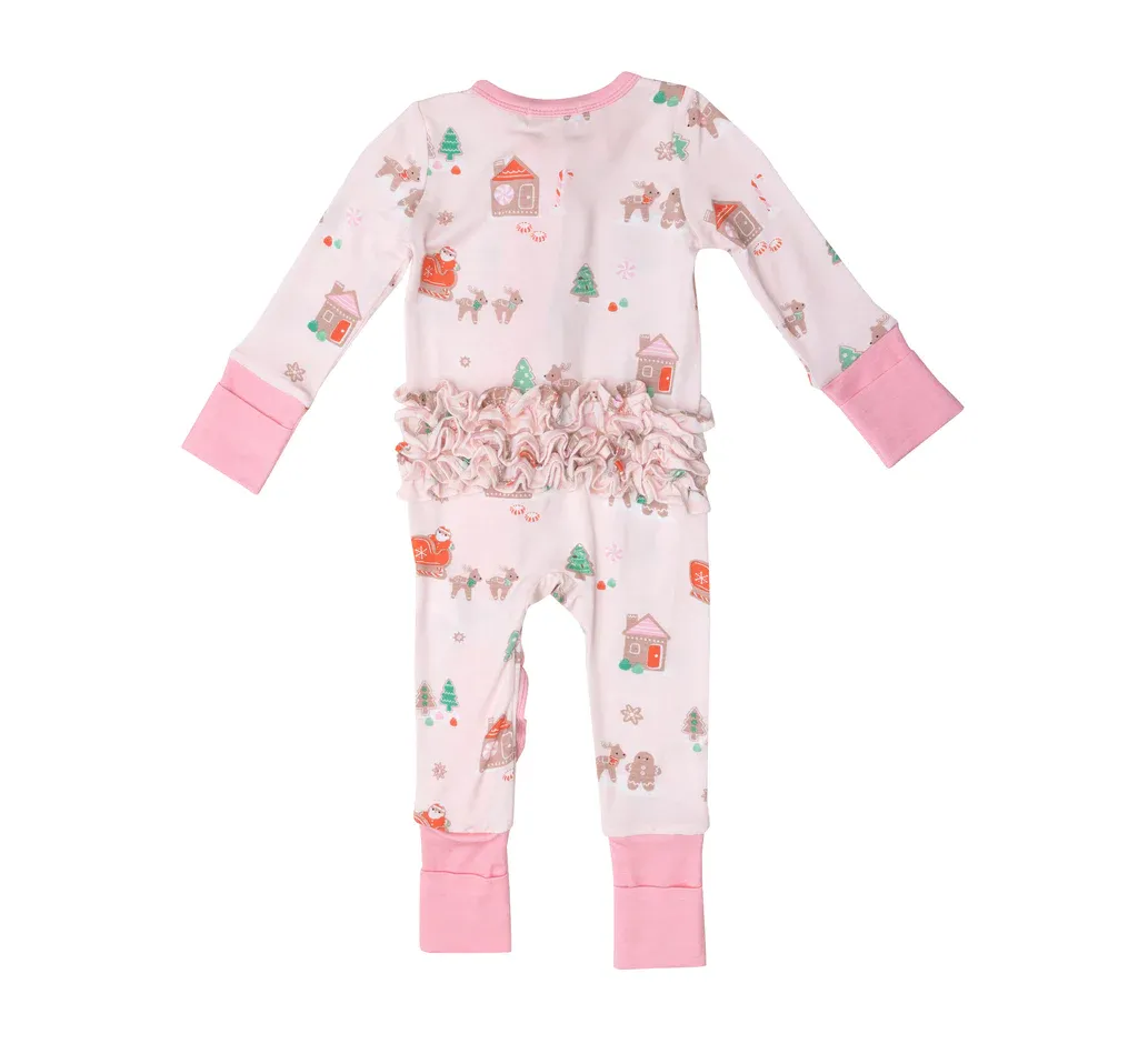 Pink Gingerbread Sleigh 2-Way Zipper Ruffled Romper