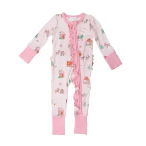 Pink Gingerbread Sleigh 2-Way Zipper Ruffled Romper