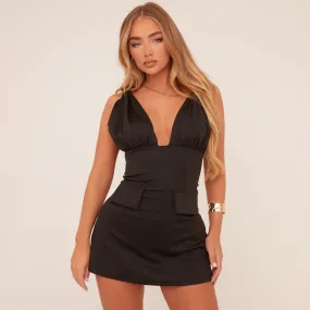 Plunge Knotted Strap Detail Tailored Mini Bodycon Dress In Black