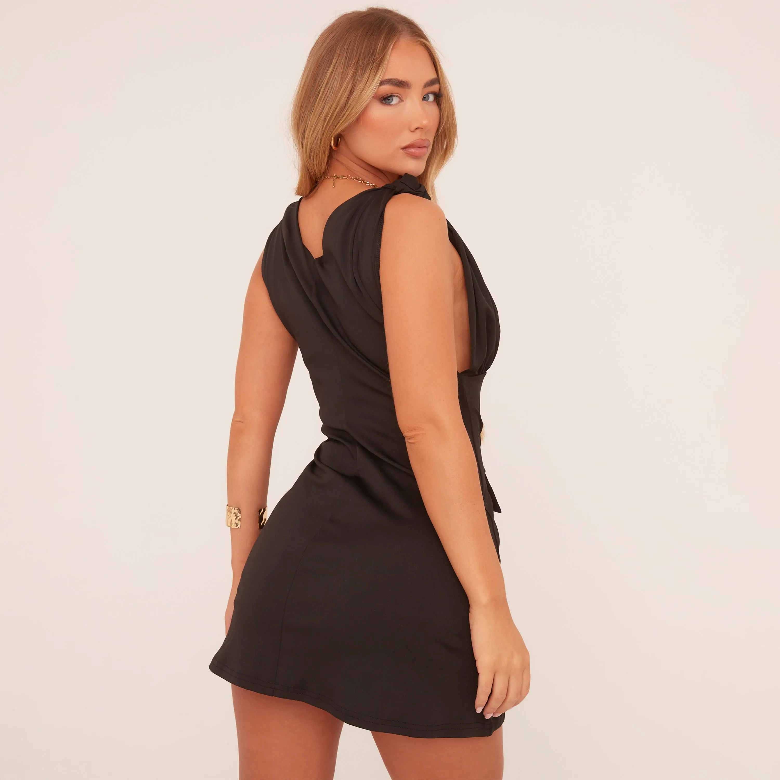 Plunge Knotted Strap Detail Tailored Mini Bodycon Dress In Black