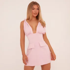 Plunge Knotted Strap Detail Tailored Mini Bodycon Dress In Light Pink