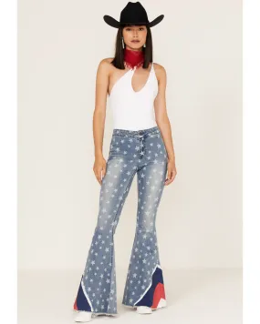 Product Name:  Rock & Roll Denim Women's Medium Wash High Rise Star Print Flare Jeans