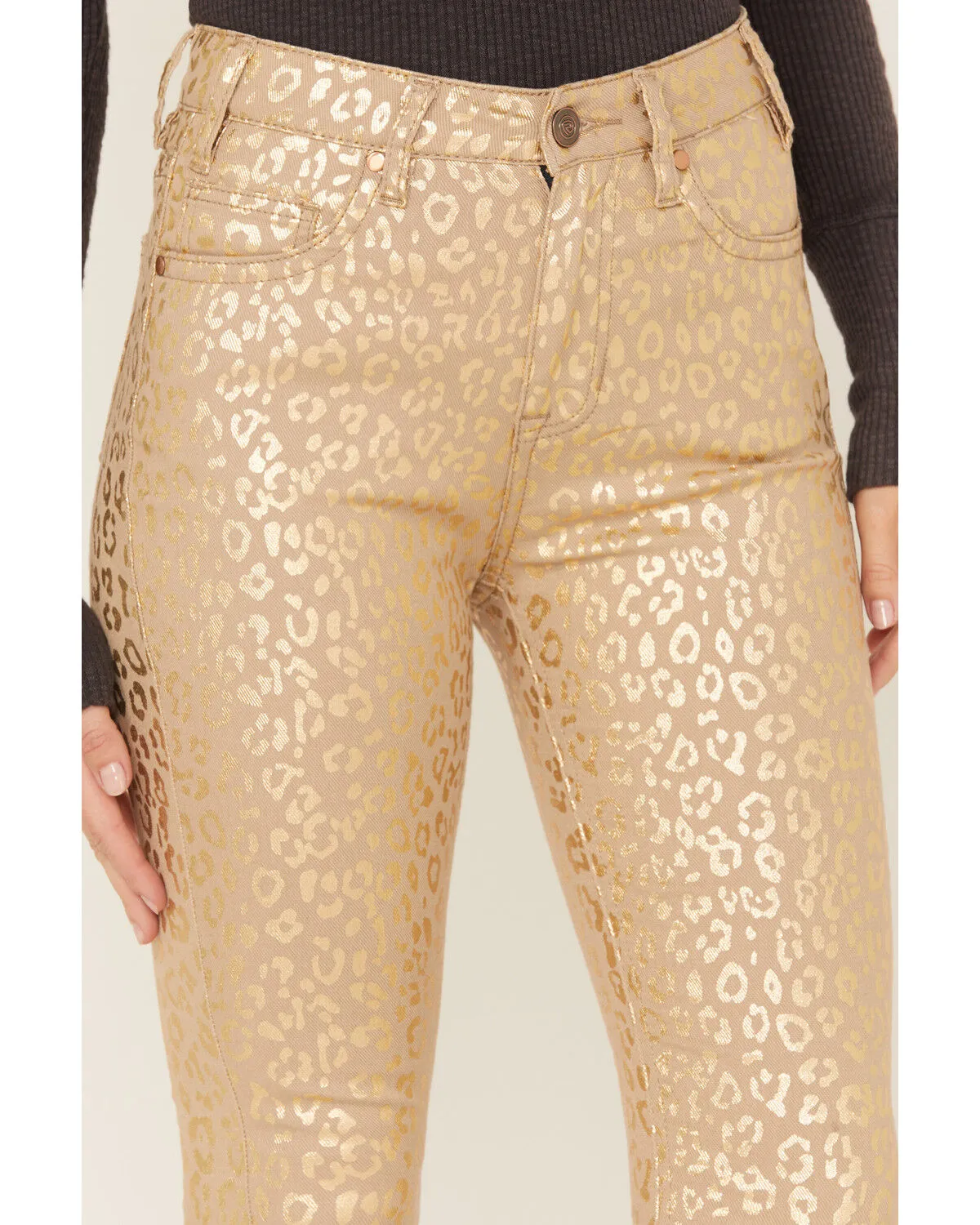 Product Name:  Rock & Roll Denim Women's Metallic Leopard Print High Rise Stretch Flare Jeans