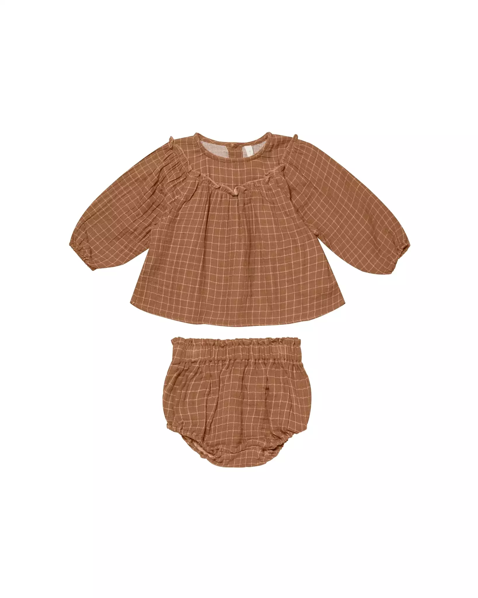 Quincy Mae - Cinnamon Grid Balloon Sleeve Blouse + Bloomer Set LAST ONE 0-3m