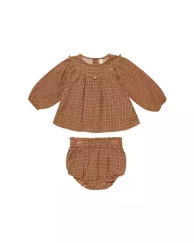 Quincy Mae - Cinnamon Grid Balloon Sleeve Blouse + Bloomer Set LAST ONE 0-3m