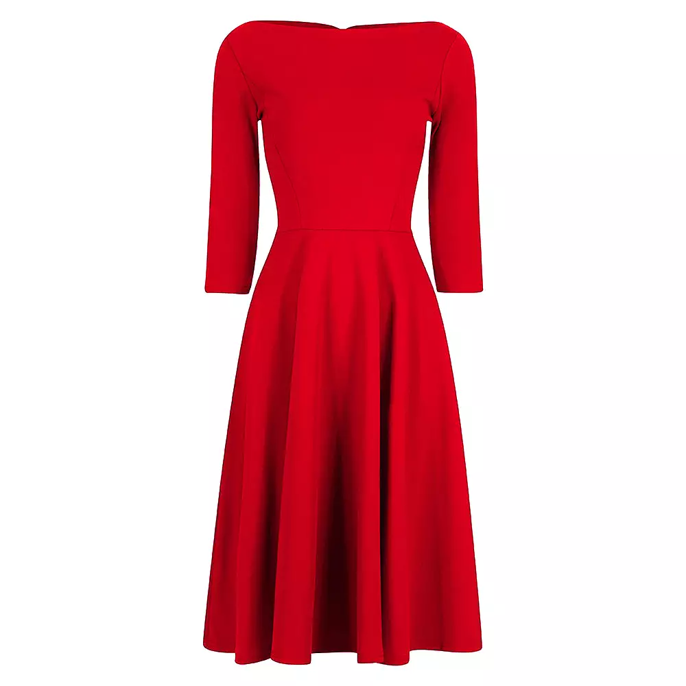 Red 3/4 Sleeve Boat Neck Audrey Hepburn Style 50s Swing Dress