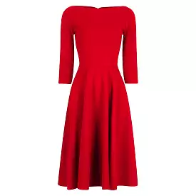 Red 3/4 Sleeve Boat Neck Audrey Hepburn Style 50s Swing Dress