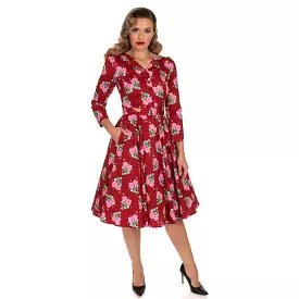Red Floral 3/4 Sleeve Collar V Neck 50s Swing Tea Dress