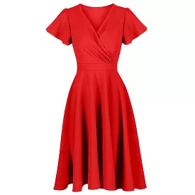 Red Gathered Cap Sleeve Crossover 50s Swing Dress