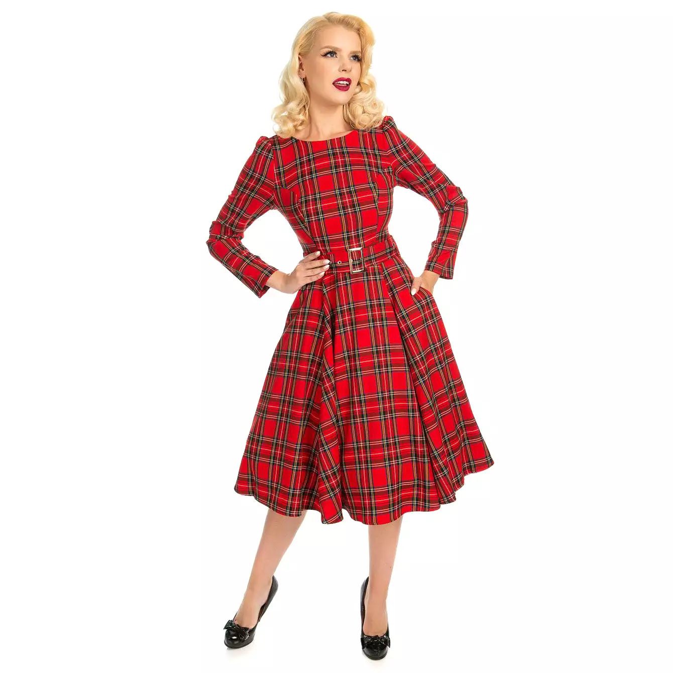 Red Tartan Long Sleeve Burns Night & Rockabilly Style Swing Dress