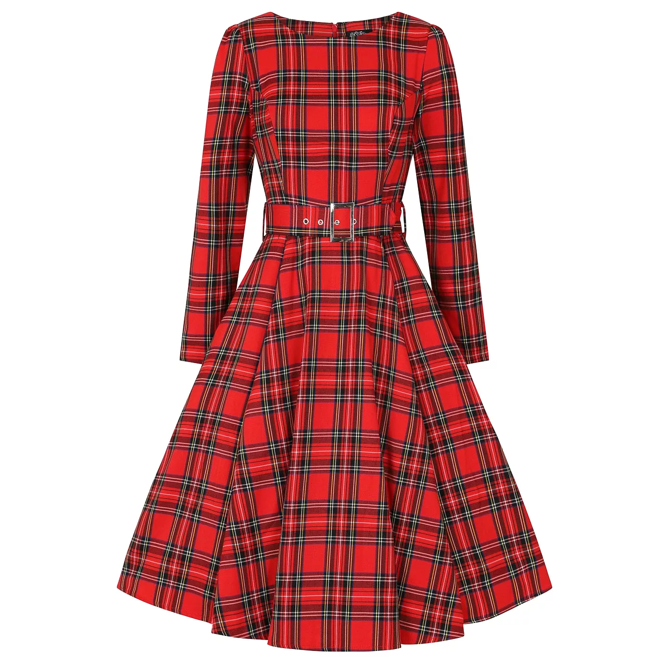 Red Tartan Long Sleeve Burns Night & Rockabilly Style Swing Dress