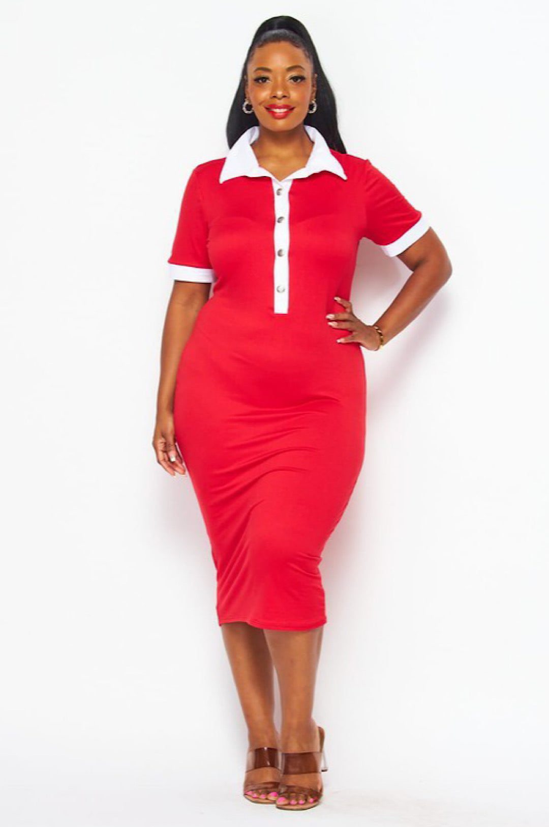 Red White Form Fitting Midi Dress