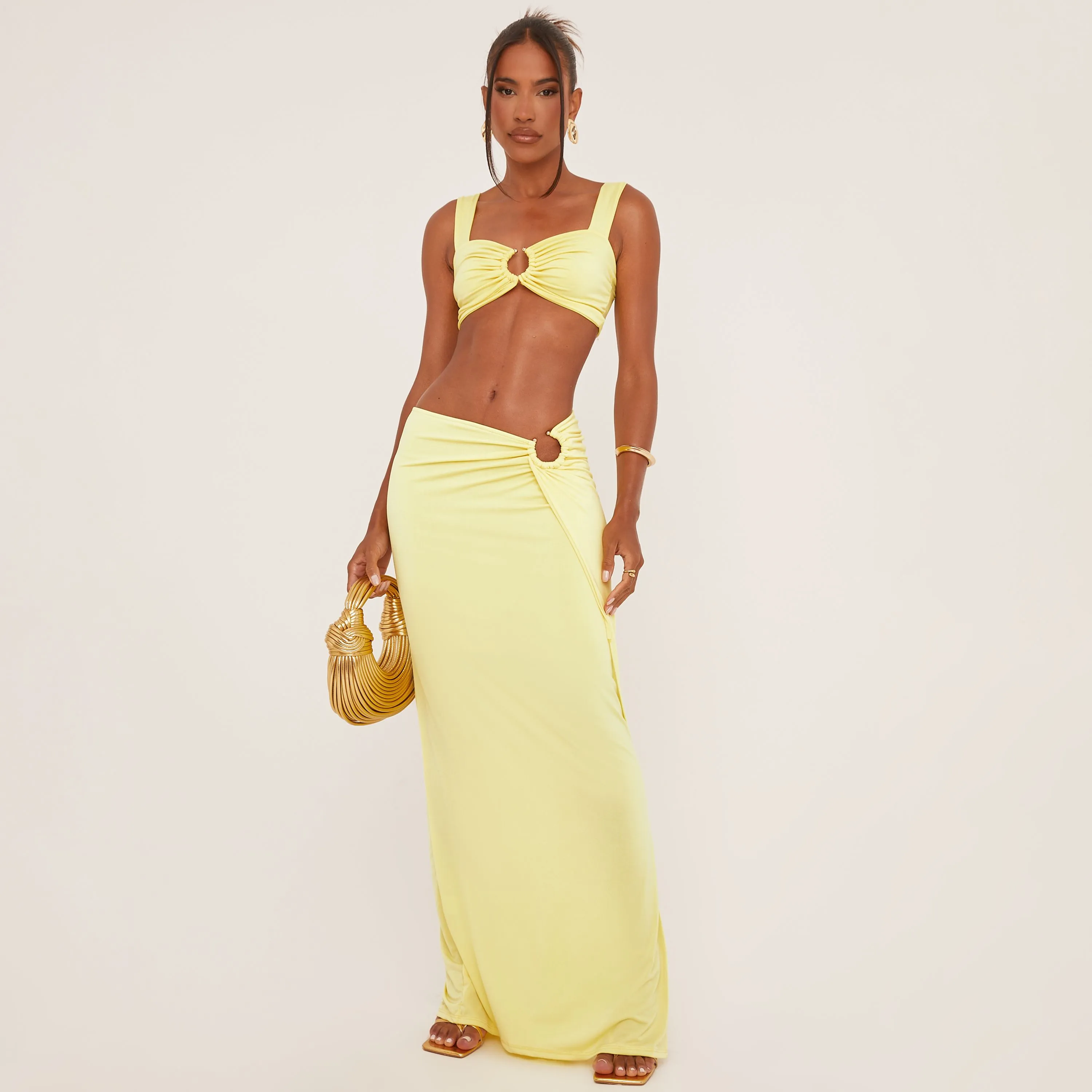 Ring Detail Strappy Crop Top And Low Rise Maxi Skirt Co-Ord Set In Yellow Slinky