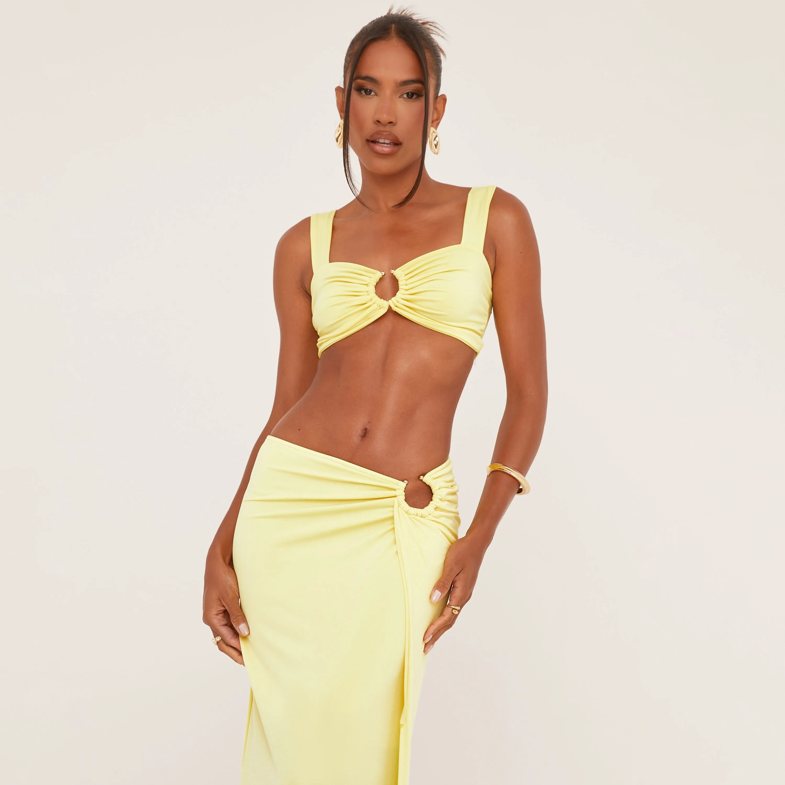 Ring Detail Strappy Crop Top And Low Rise Maxi Skirt Co-Ord Set In Yellow Slinky