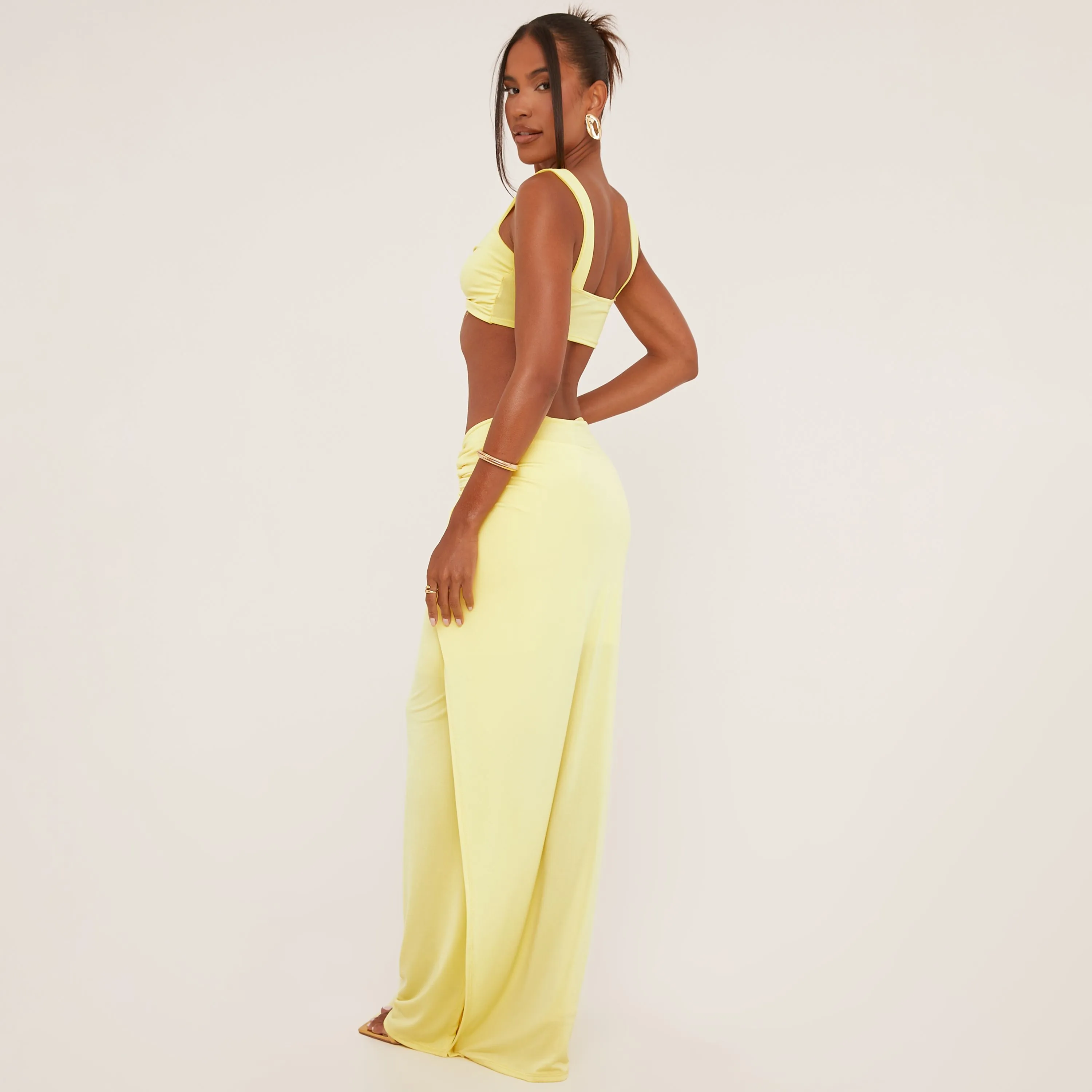 Ring Detail Strappy Crop Top And Low Rise Maxi Skirt Co-Ord Set In Yellow Slinky