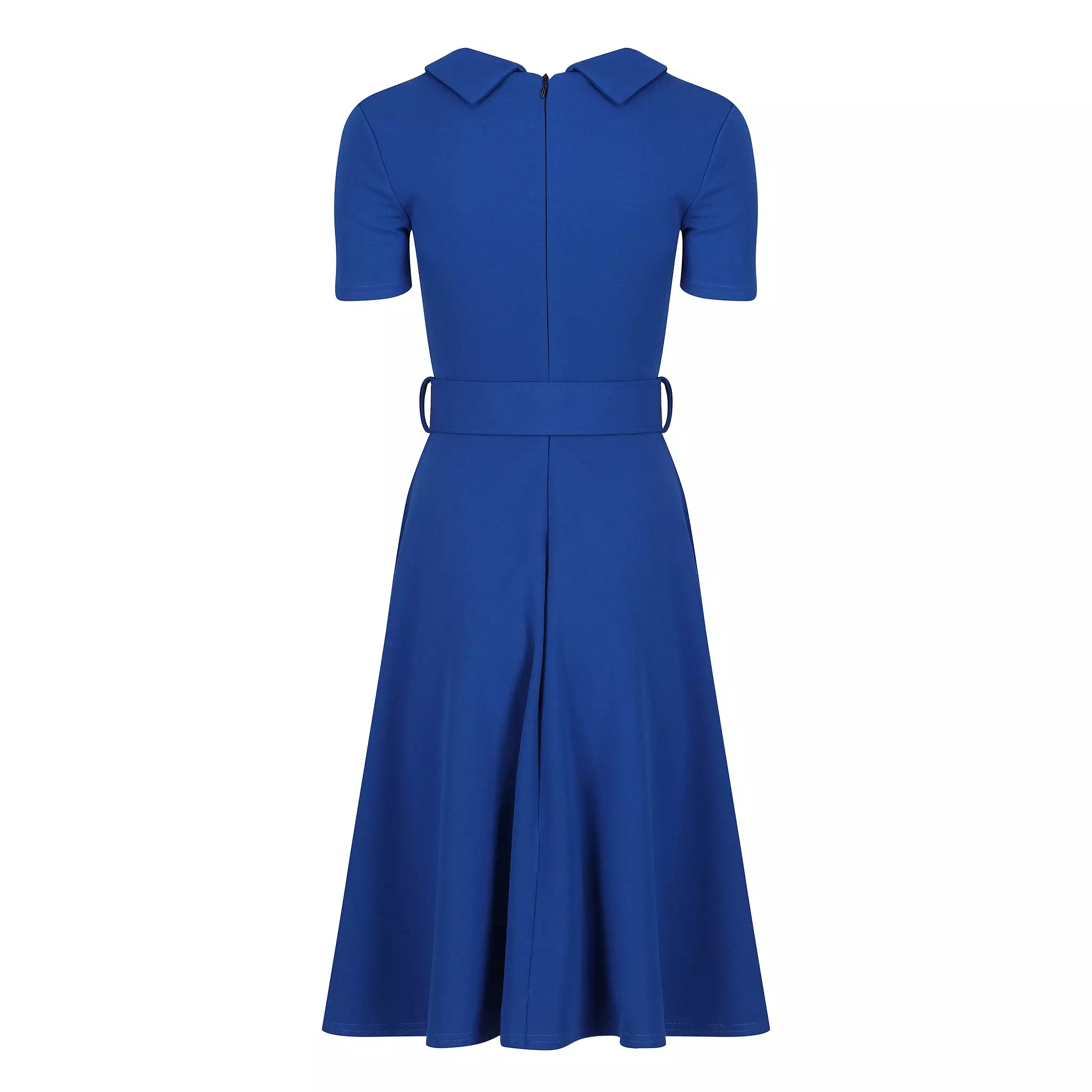 Royal Blue Belted Midi Swing Dress With Collared V Neck