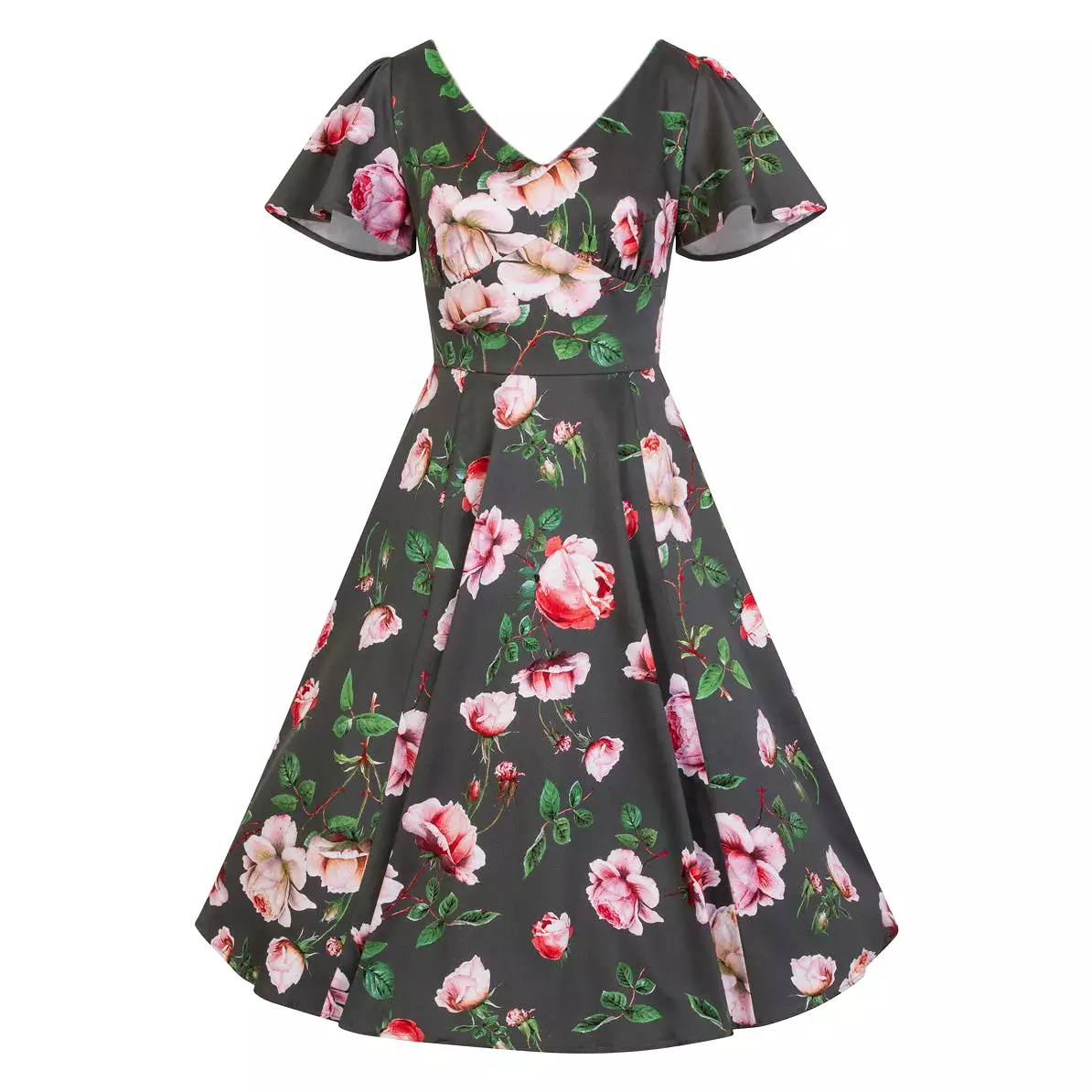 Sage Green Floral Print Cap Sleeve Rockabilly 50s Swing Tea Dress