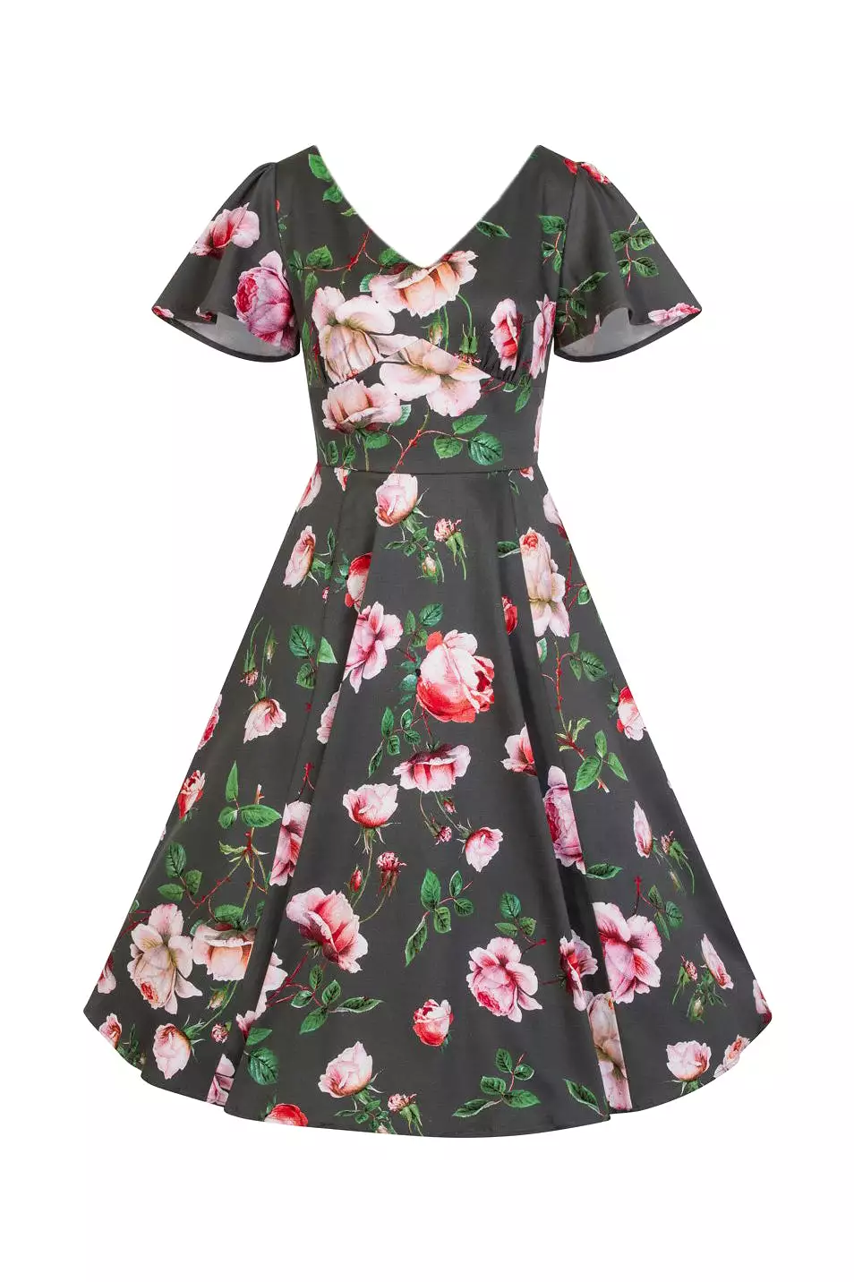 Sage Green Floral Print Cap Sleeve Rockabilly 50s Swing Tea Dress