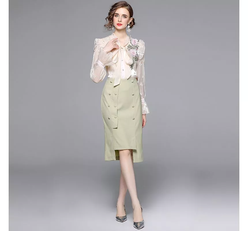 Set: Bow-Neck Ruffle Trim Embroidered Blouse + Plain Midi Pencil Skirt EE10