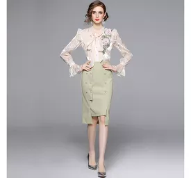 Set: Bow-Neck Ruffle Trim Embroidered Blouse + Plain Midi Pencil Skirt EE10