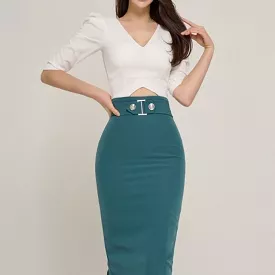 Set: Elbow-Sleeve V-Neck Cropped Blouse + High Waist Midi Pencil Skirt EE12