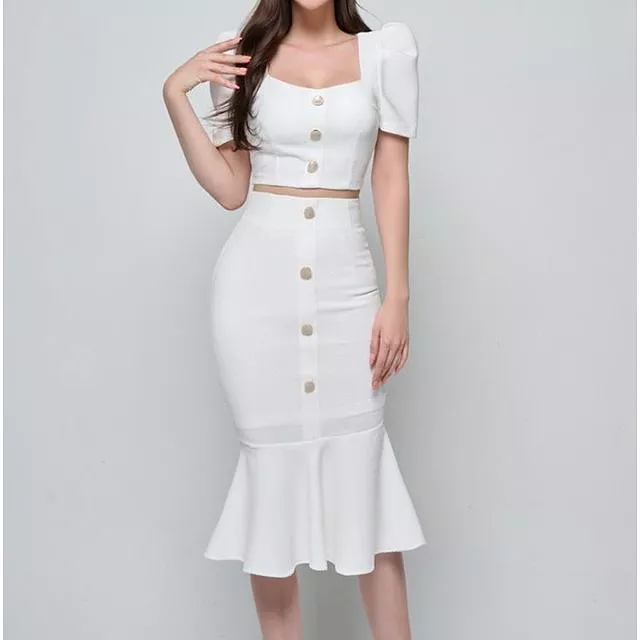 Set: Short-Sleeve Square Neck Crop Top + High Waist Midi Mermaid Skirt EE36