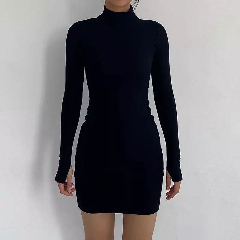 Sexy Solid Turtleneck Skinny Mini Dress Women Rib Knit Keep Warm Long Sleeve Slim Dress Streetwear