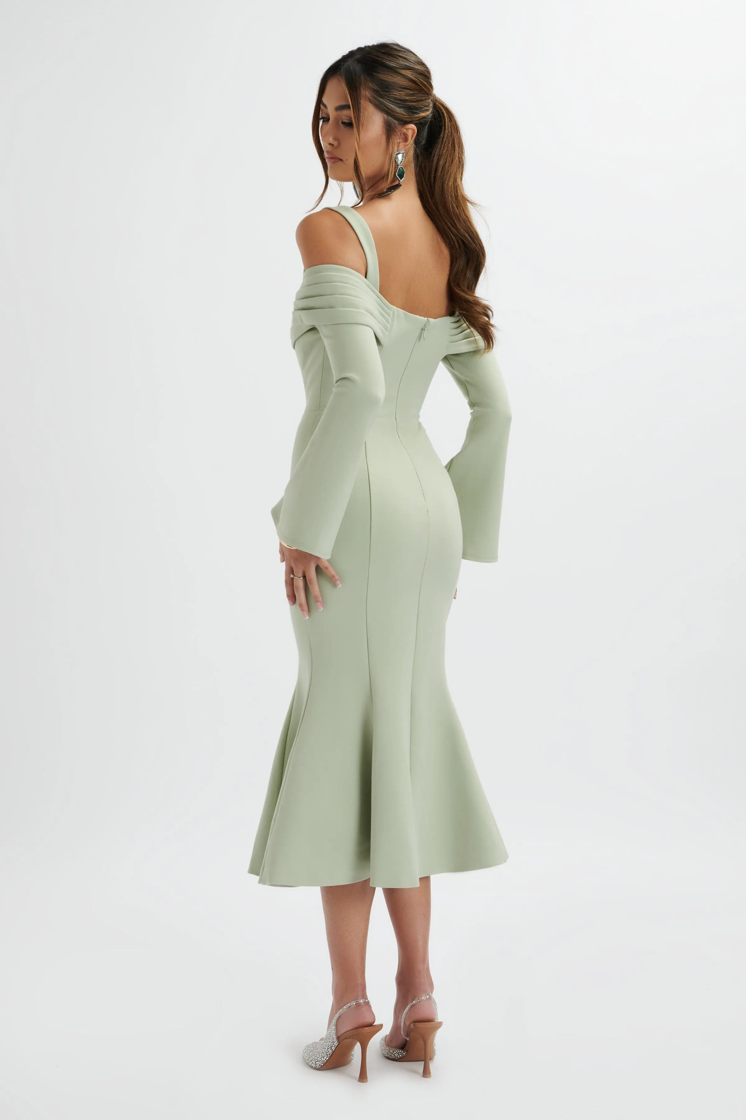 SIA Ponte Pleated Cowl Longline Midi Dress In Sage Green