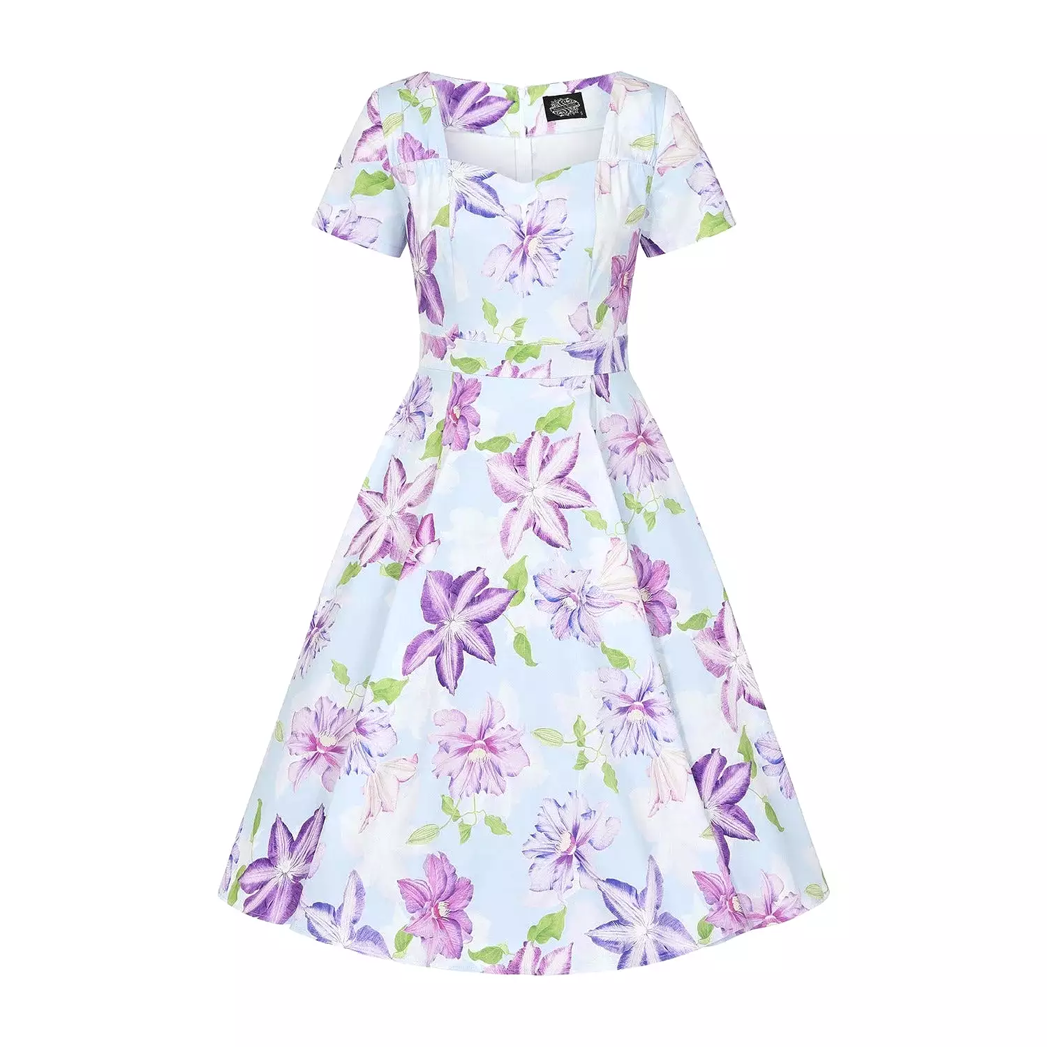 Sky Blue And Purple Floral Short Sleeve 50s Swing Dress