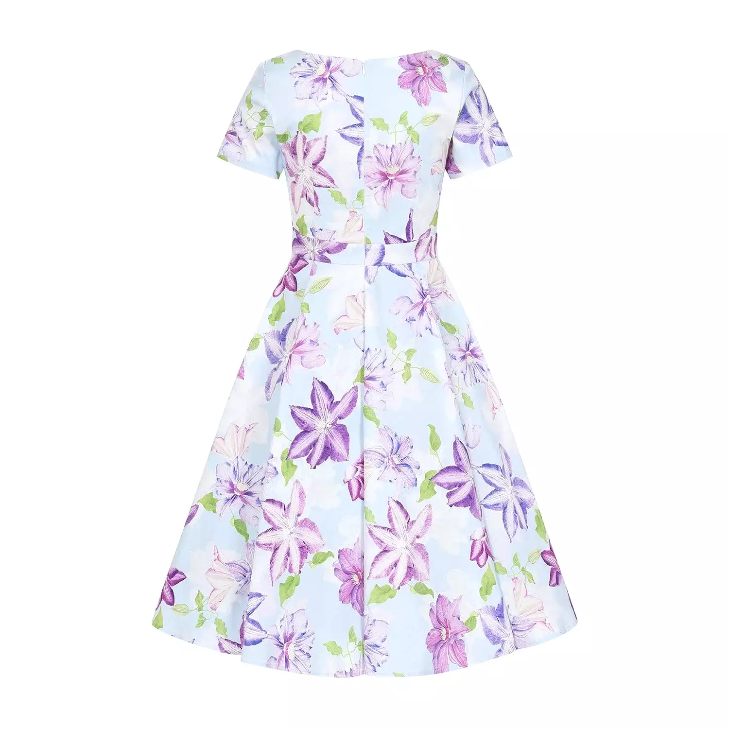 Sky Blue And Purple Floral Short Sleeve 50s Swing Dress