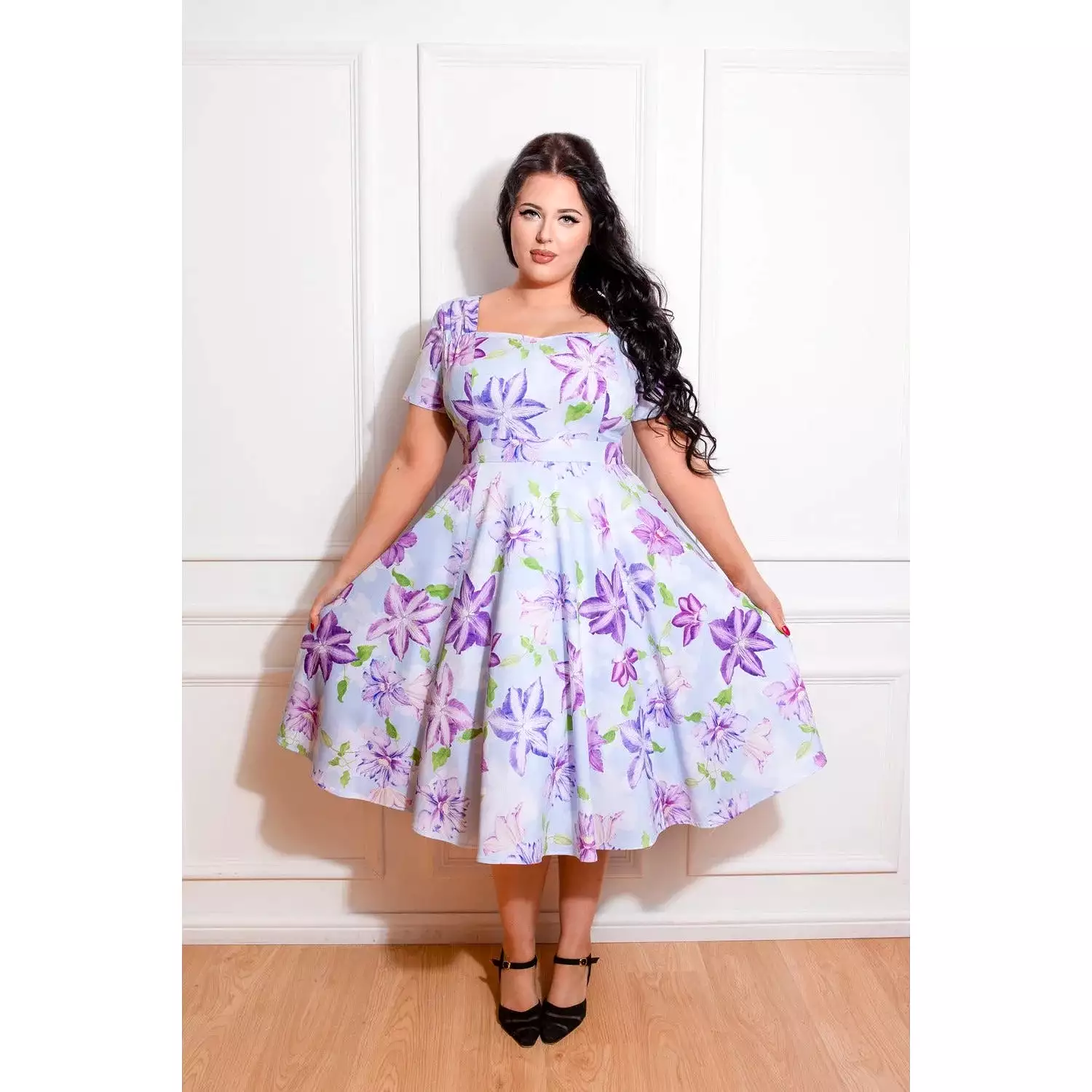 Sky Blue And Purple Floral Short Sleeve 50s Swing Dress