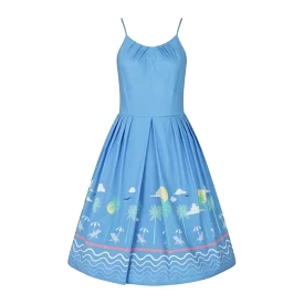 Sky Blue Beach Print Summer Cotton 50s Swing Dress