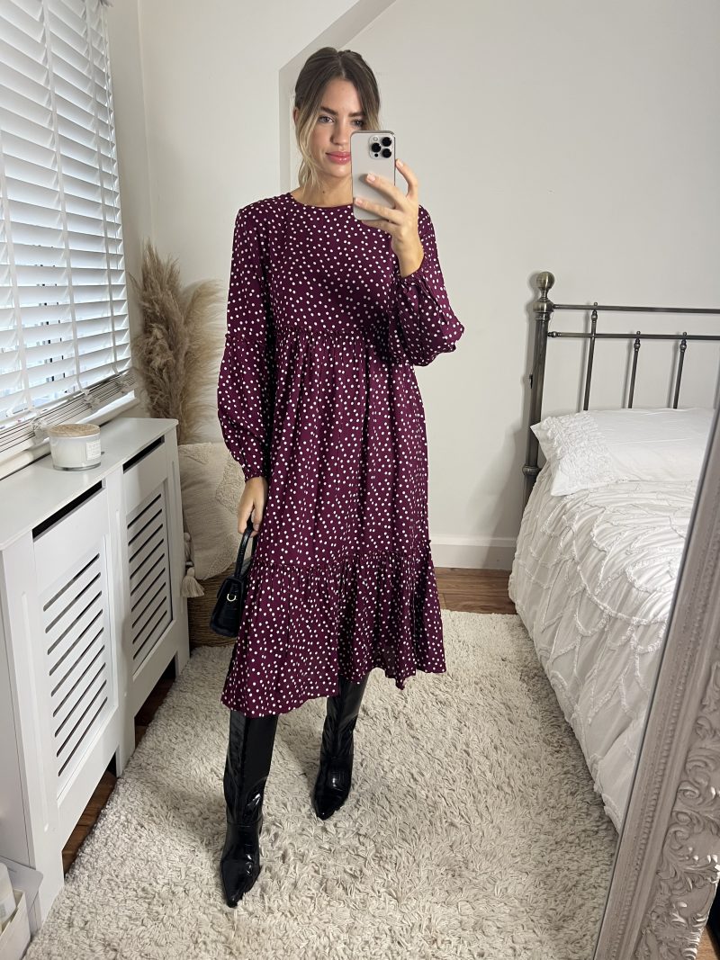 Slaytwins Astrid Polka Dot Print Midi Dress- Wine