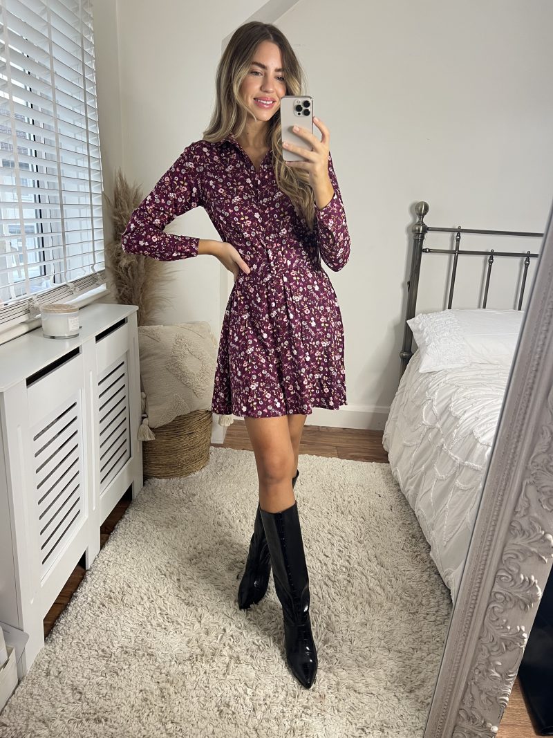 Slaytwins Cassie Ditsy Floral Mini Shirt Dress - Wine