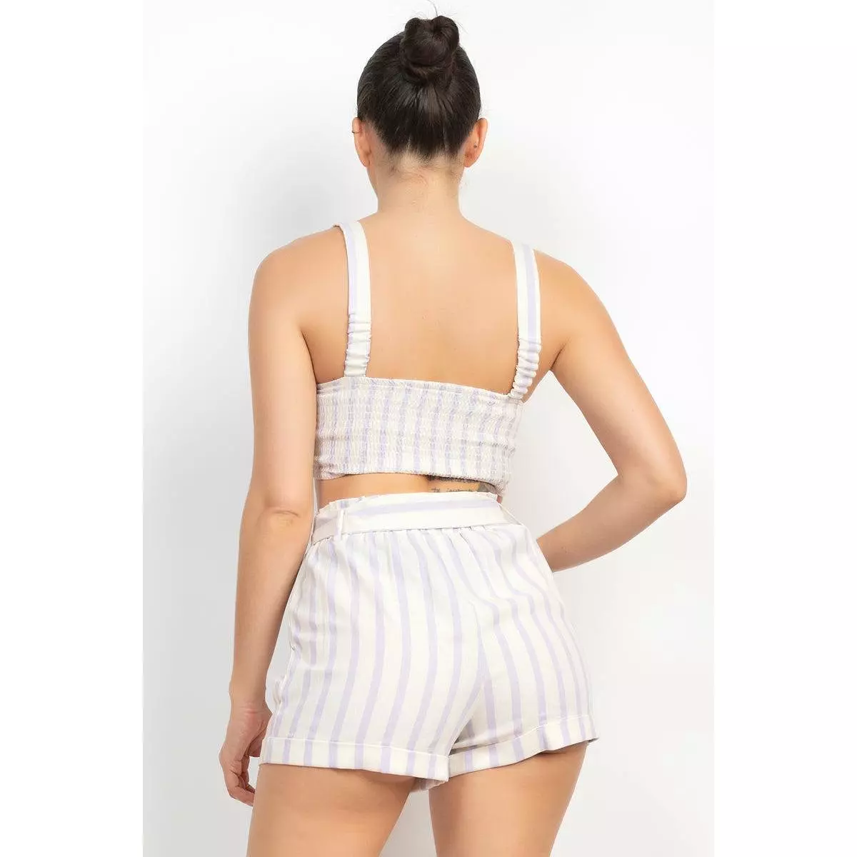 Sleeveless striped print crop top belted shorts set