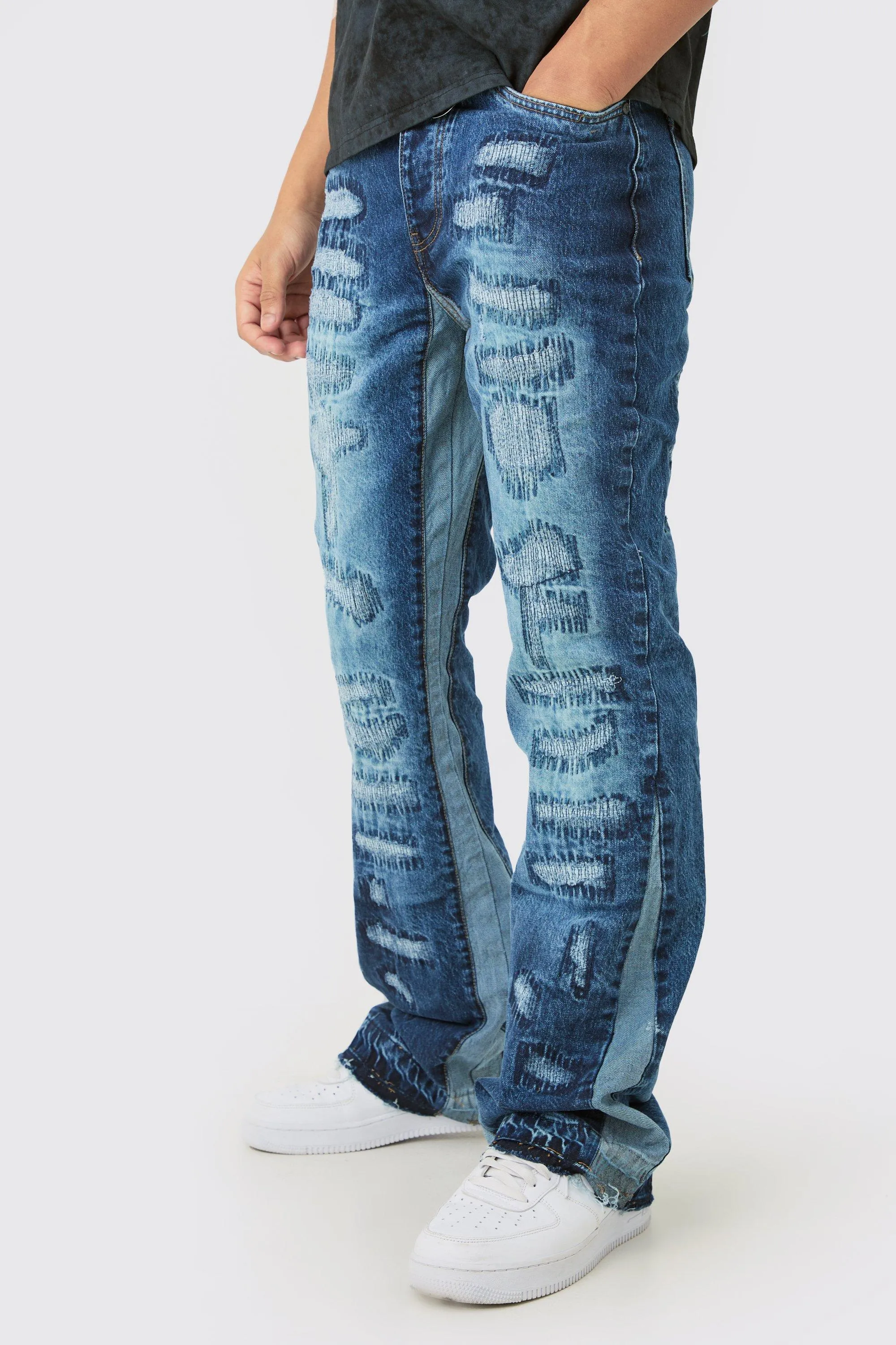 Slim Flare Rigid All Over Rip & Repaired Jeans In Indigo | boohooMAN UK