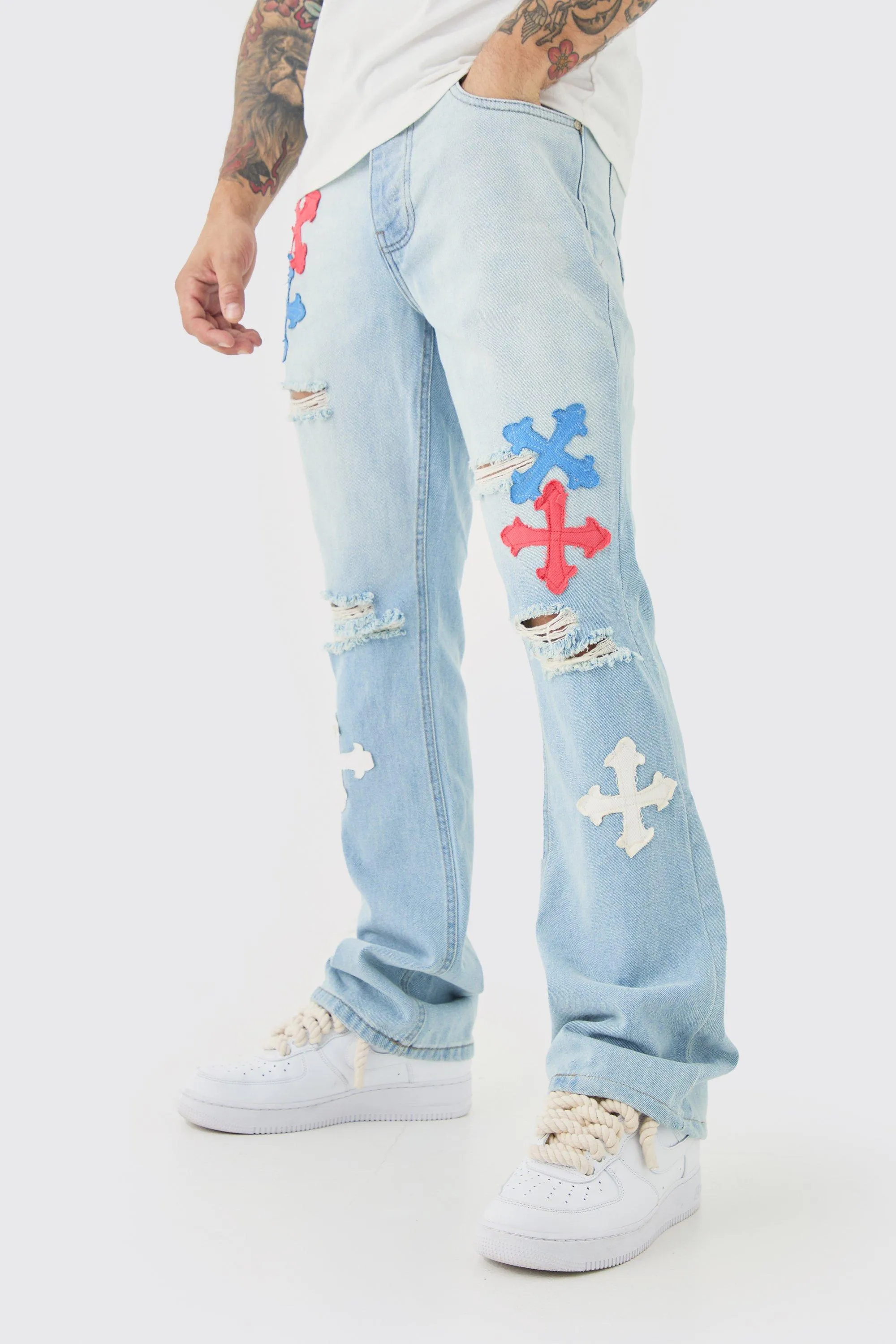 Slim Rigid Flare Applique Jeans In Ice Blue | boohooMAN UK