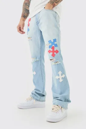 Slim Rigid Flare Applique Jeans In Ice Blue | boohooMAN UK