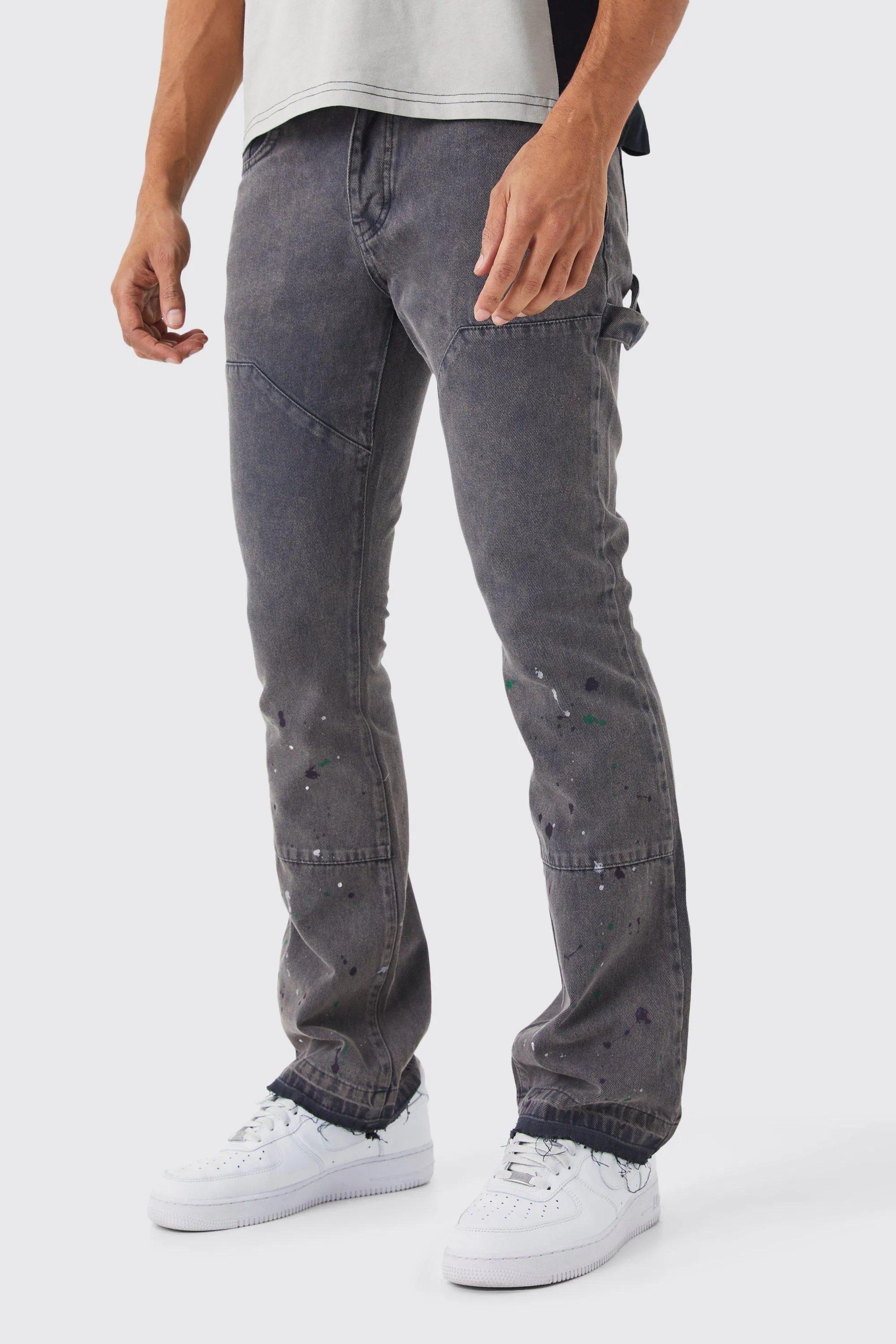 Slim Rigid Flare Overdye Carpenter Jeans | boohooMAN UK