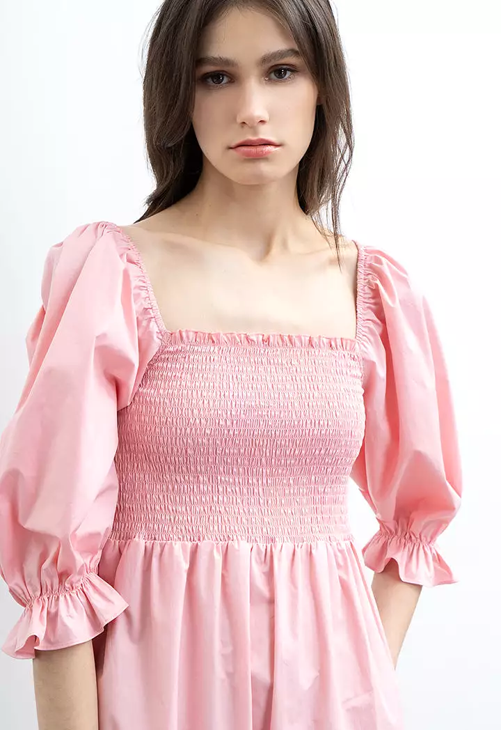 Smocked Front Off-Shoulder Solid Dress