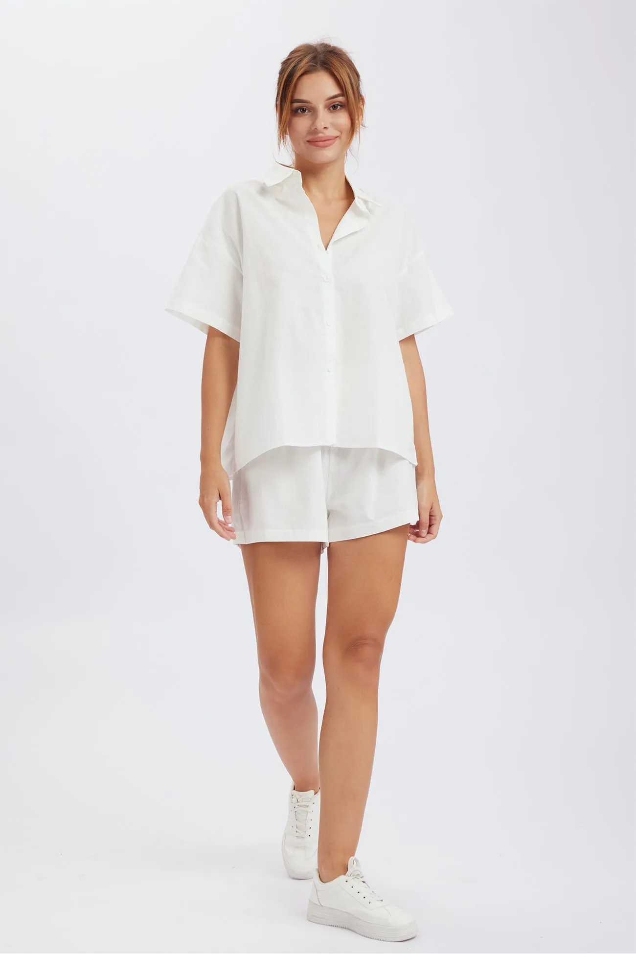 Solid Button Through Drop Shoulder Shirt Shorts Set