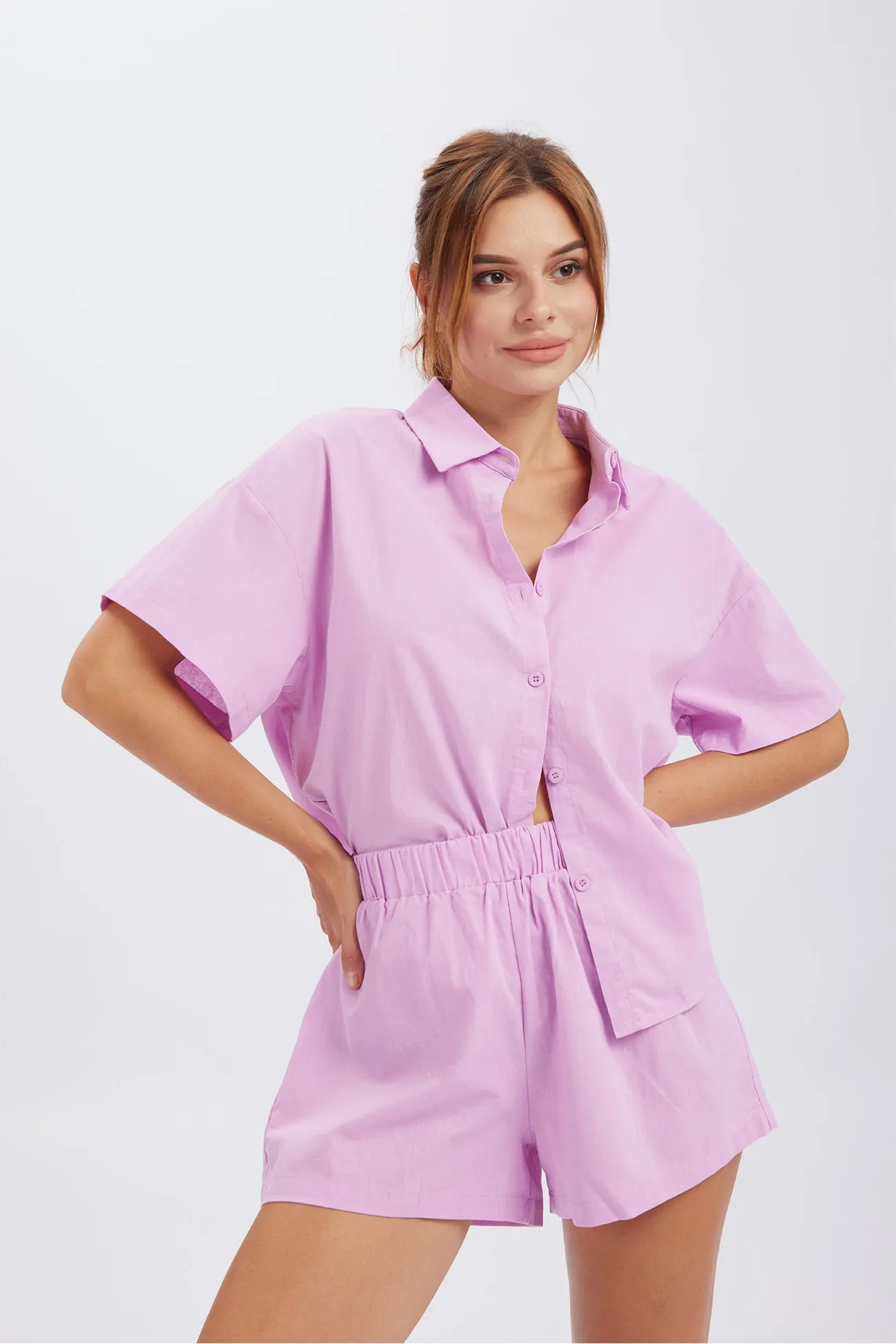 Solid Button Through Drop Shoulder Shirt Shorts Set