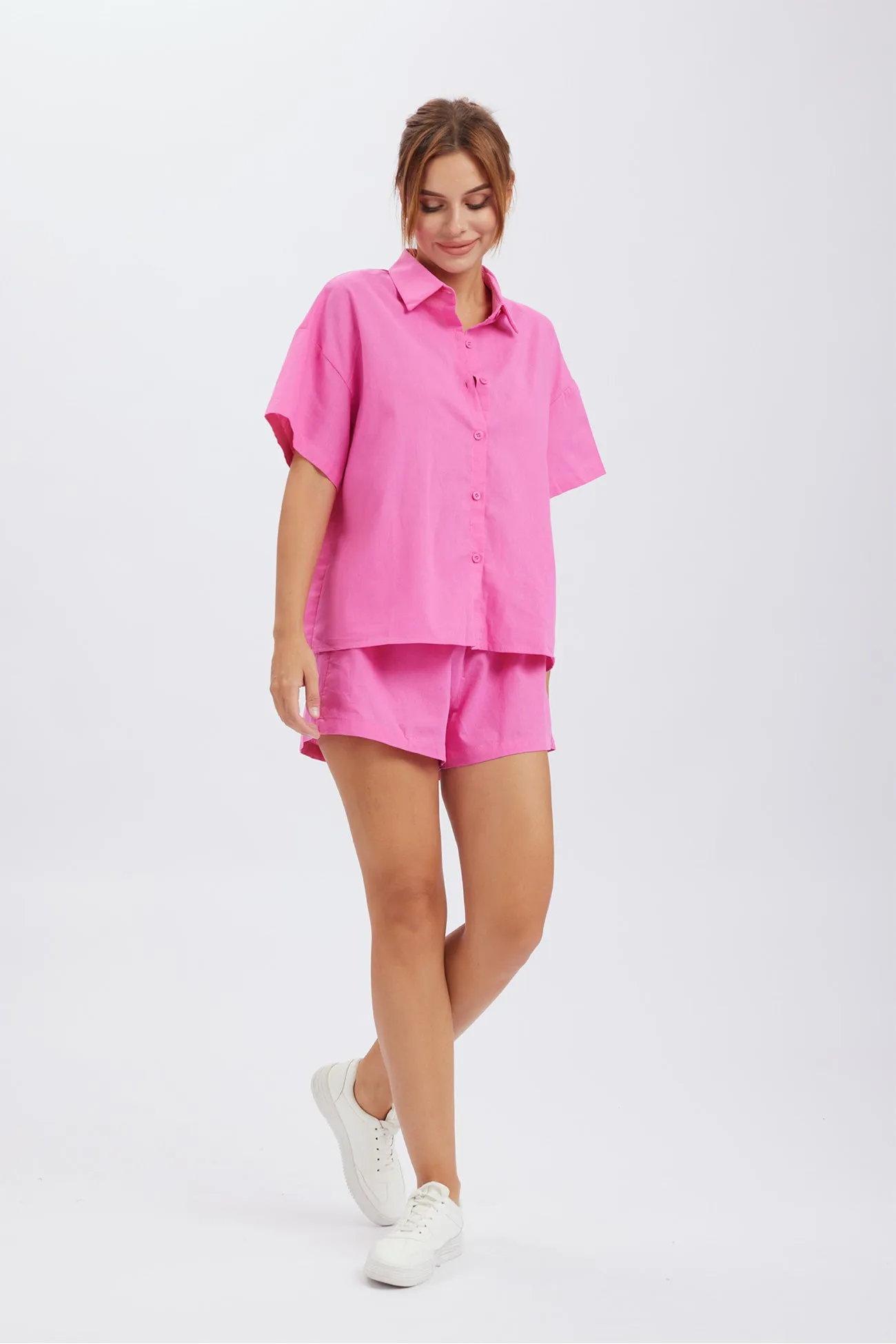 Solid Button Through Drop Shoulder Shirt Shorts Set