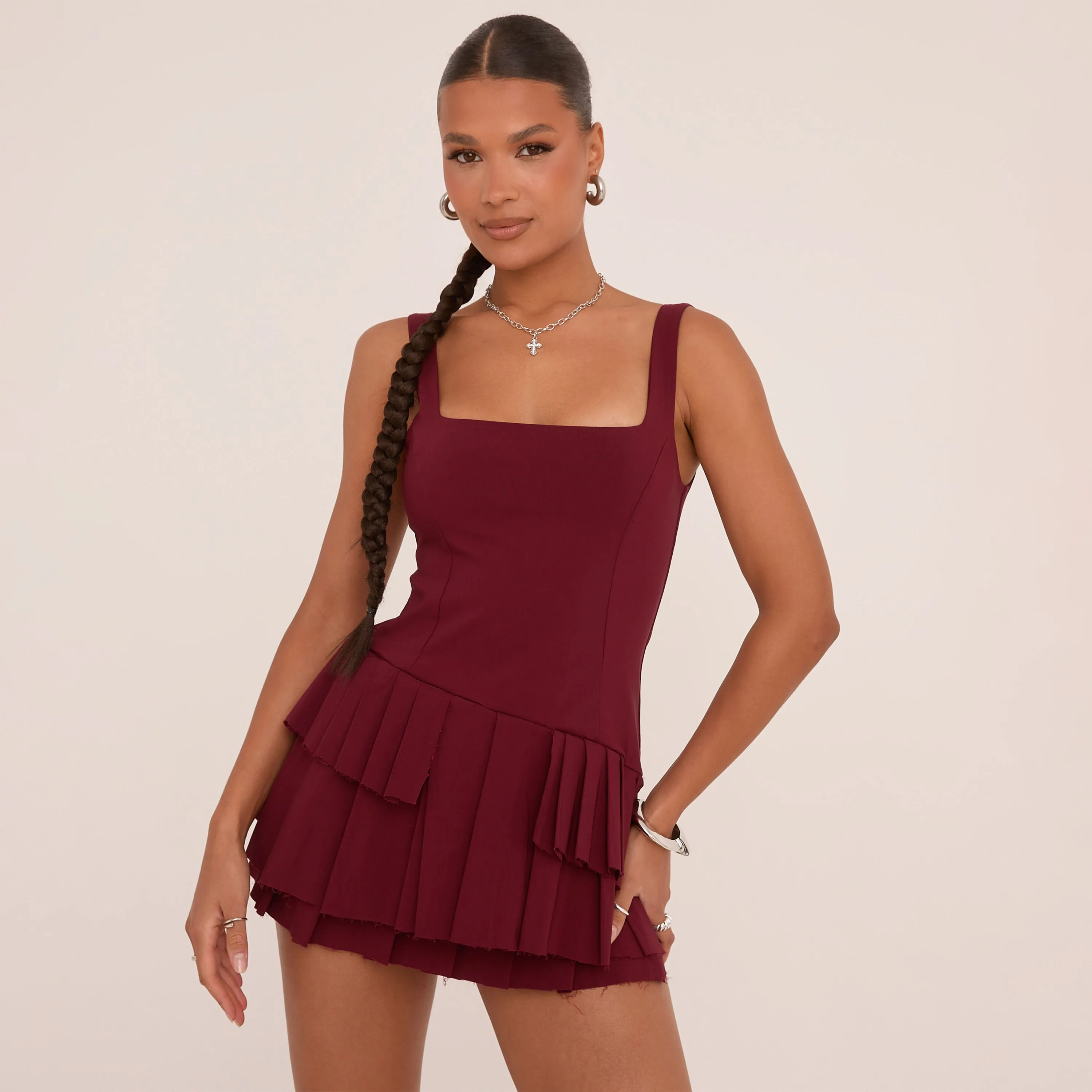 Square Neck Pleated Hem Mini Dress In Burgundy Woven