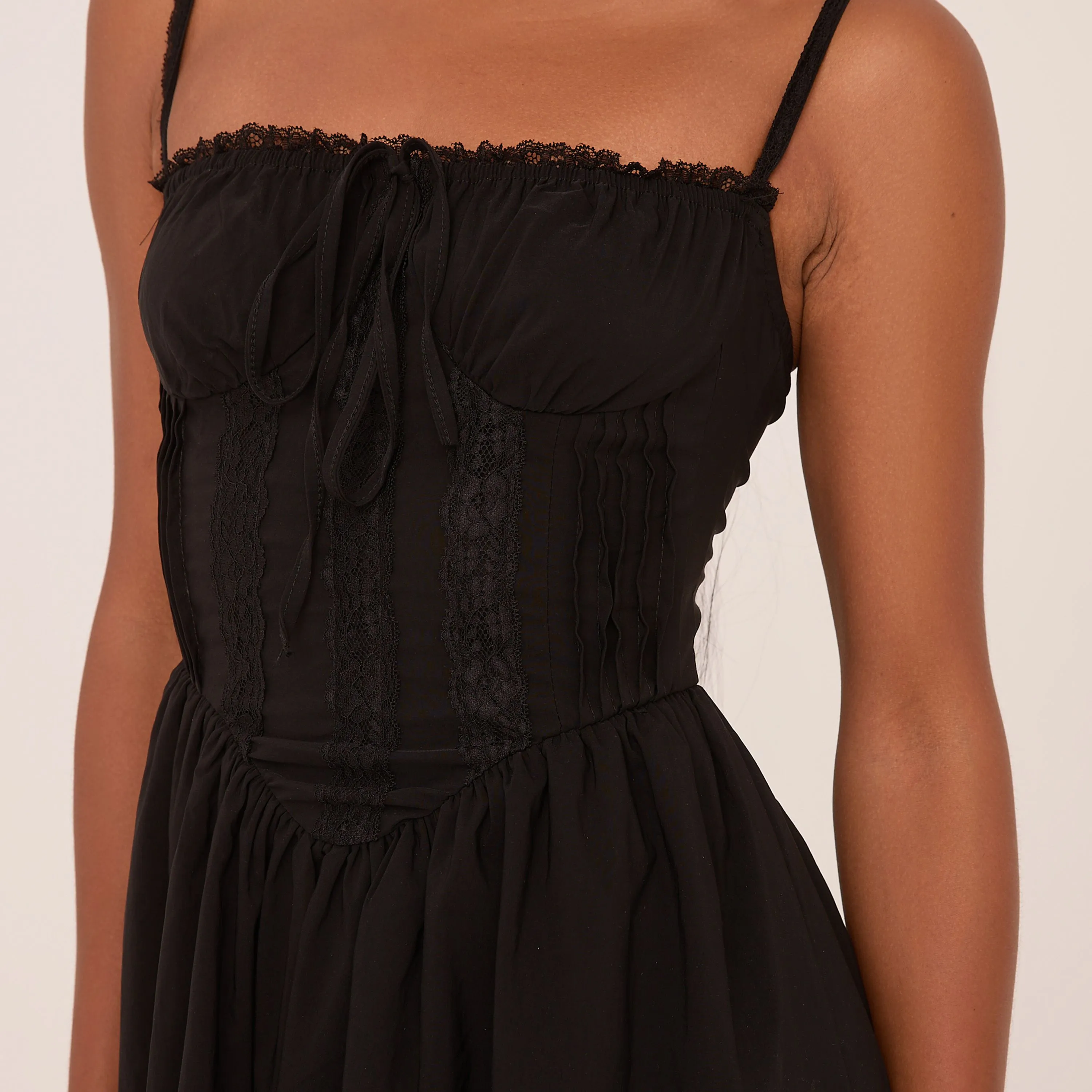 Strappy Square Neck Lace Trim Corseted Mini Skater Dress In Black