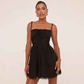 Strappy Square Neck Lace Trim Corseted Mini Skater Dress In Black