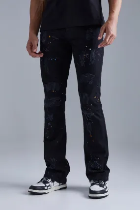 Tall Slim Rigid Flare Paint Splat Jeans | boohooMAN UK