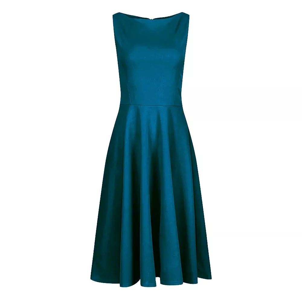 Teal Audrey Hepburn Style Sleeveless 50s Swing Dress With High Boat Neckline