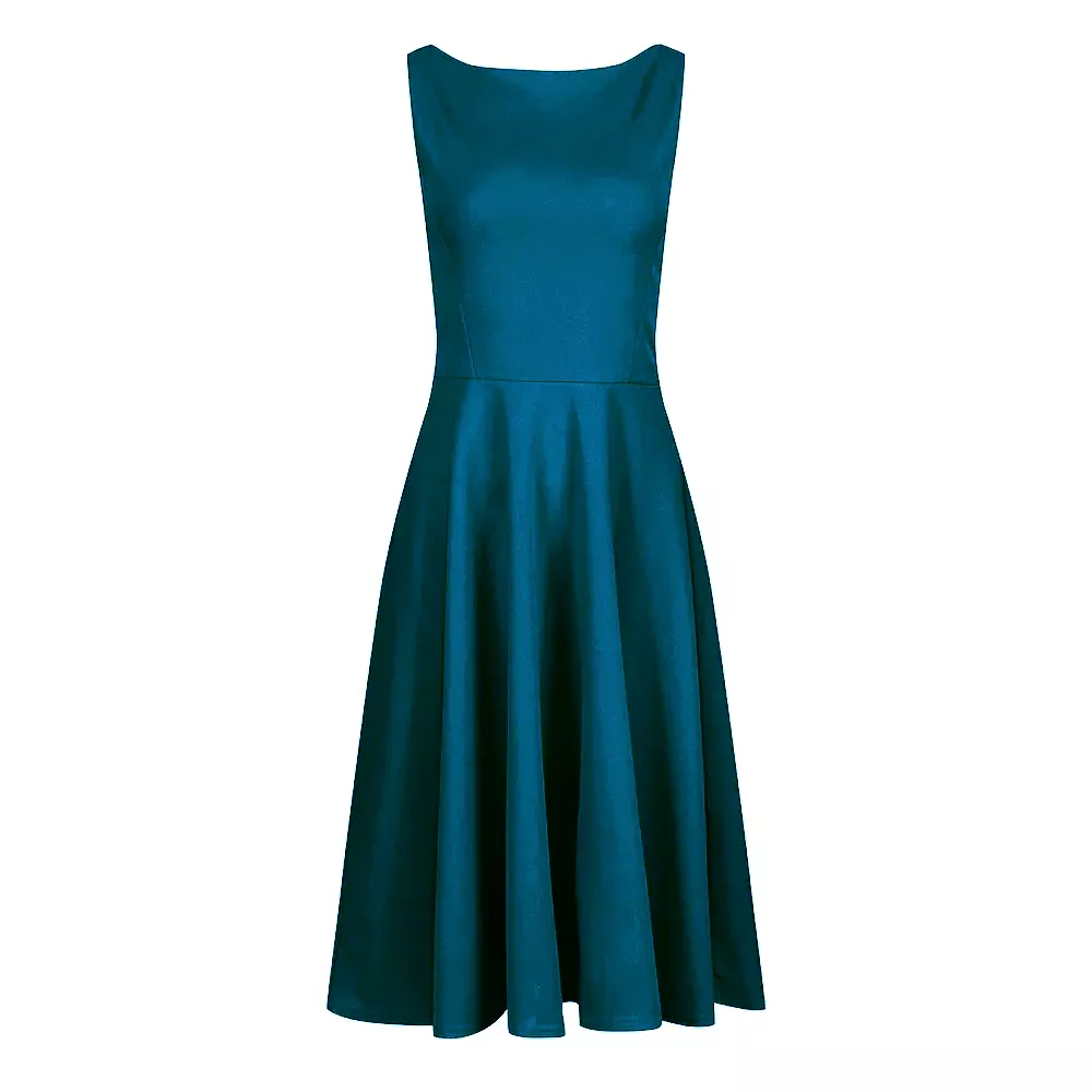 Teal Audrey Hepburn Style Sleeveless 50s Swing Dress With High Boat Neckline