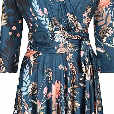 Teal Green Floral 3/4 Sleeve V Neck Crossover Top Empire Waist Tea Dress